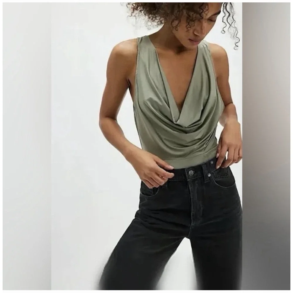 Free People Intimately When And Where Bodysuit Sz XS Laurel Oak Olive Green Cowl